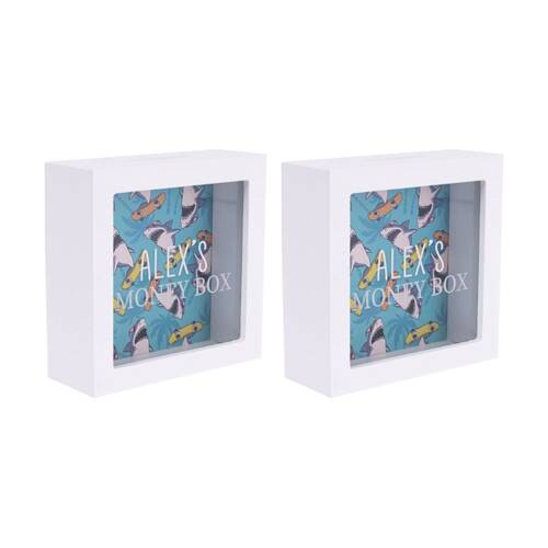 2PK Splosh Kids Money Box Alex Personalised Name White Green 13x5x13cm