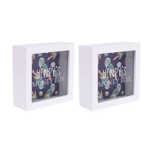 2PK Splosh Money Box Henry Personalised Name White Dark Blue 13x5x13cm