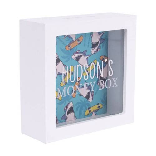 Splosh Money Box Hudson Personalised Name Wooden White Green 13x5x13cm