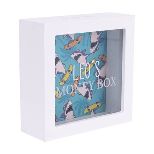 Splosh Money Box Leo Personalised Name Wooden White Green 13x5x13cm