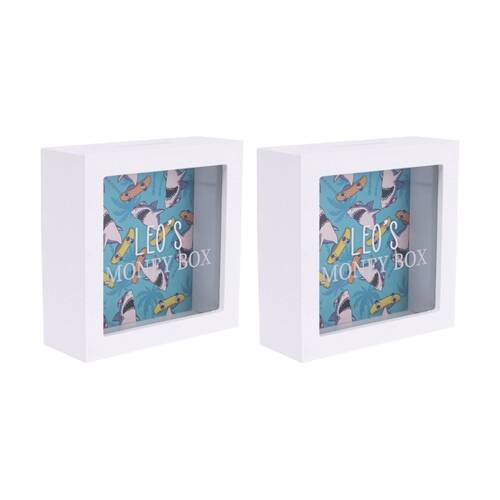2PK Splosh Money Box Leo Personalised Name Wooden White Green 13x5x13cm