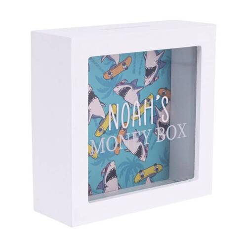 Splosh Kids Money Box Noah Personalised Wooden White Green 13x5x13cm
