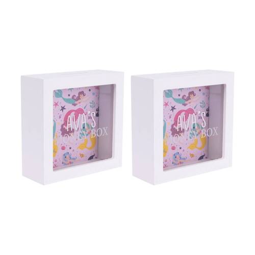 2PK Splosh Kids Money Box Ava Personalised Name Wood White Pink 13x5x13cm