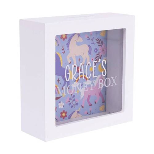 Splosh Kids Money Box Grace Personalised Name White Blue 13x5x13cm