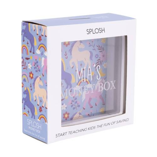 Splosh Kids Money Box Mia Personalised Name White Blue 13x5x13cm