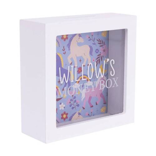 Splosh Kids Money Box Willow Personalised Name White Blue 13x5x13cm