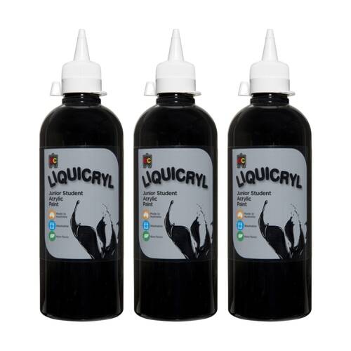 3PK Educational Colours Liquicryl Junior Student Acrylic Paint Black 500ml