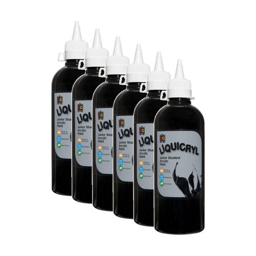 6PK Educational Colours Liquicryl Junior Student Acrylic Paint Black 500ml