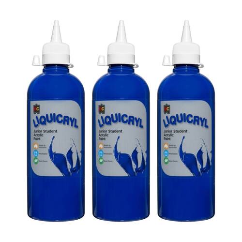 3PK Educational Colours Liquicryl Junior Student Acrylic Paint Bright Blue 500ml