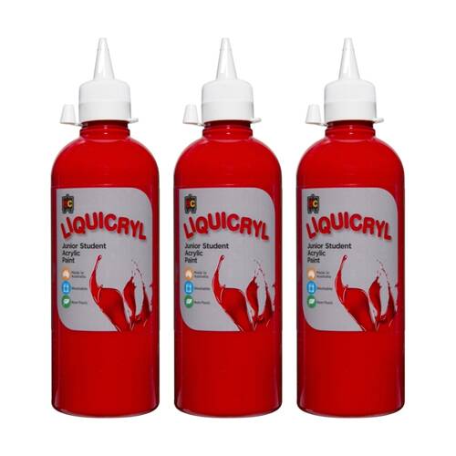 3PK Educational Colours Liquicryl Junior Student Acrylic Paint Crimson 500ml