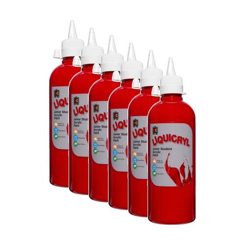 6PK Educational Colours Liquicryl Junior Student Acrylic Paint Crimson 500ml