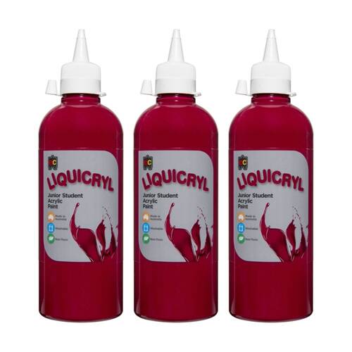 3PK Educational Colours Liquicryl Junior Student Acrylic Paint Magenta 500ml