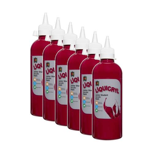 6PK Educational Colours Liquicryl Junior Student Acrylic Paint Magenta 500ml