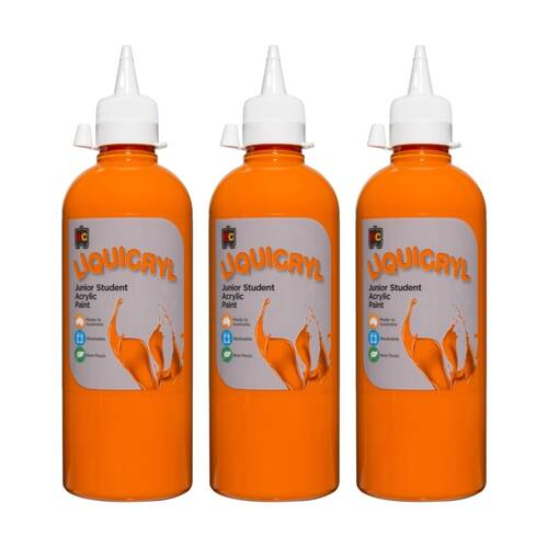 3PK Educational Colours Liquicryl Junior Student Acrylic Paint Orange 500ml