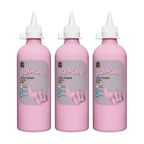 3PK Educational Colours Liquicryl Junior Student Acrylic Paint Pink 500ml