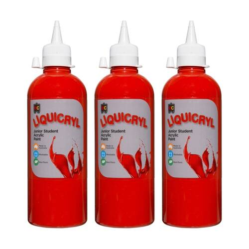 3PK Educational Colours Liquicryl Junior Student Acrylic Paint Bright Red 500ml