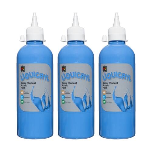 3PK Educational Colours Liquicryl Junior Student Acrylic Paint Sky Blue 500ml