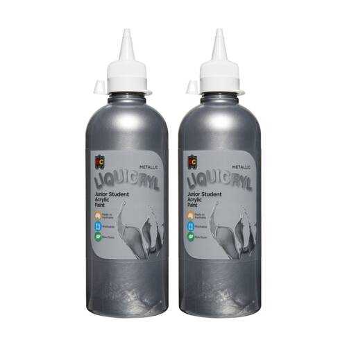 2PK Educational Colours Metallic Liquicryl Student Acrylic Paint Silver 500ml