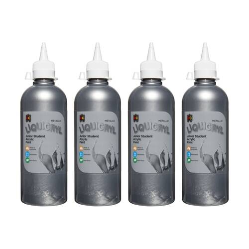 4PK Educational Colours Metallic Liquicryl Student Acrylic Paint Silver 500ml
