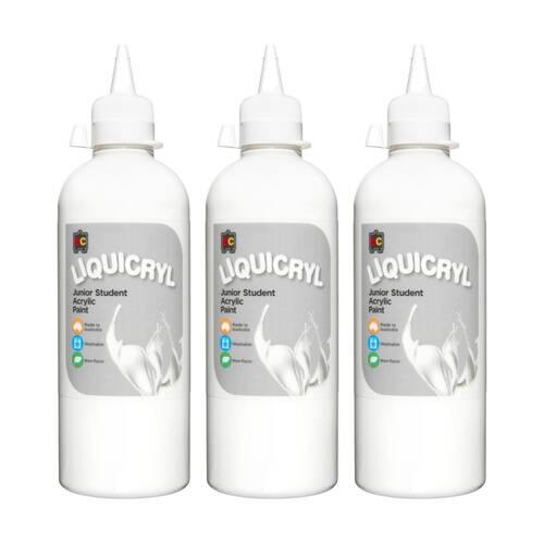 3PK Educational Colours Liquicryl Junior Student Acrylic Paint White 500ml