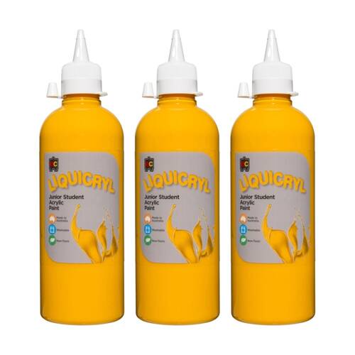 3PK Educational Colours Liquicryl Junior Student Acrylic Paint Warm Yellow 500ml
