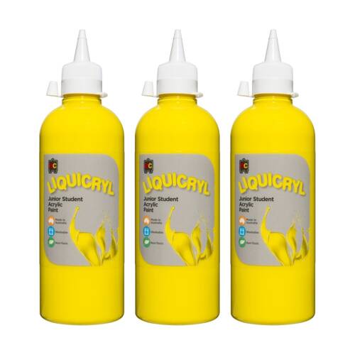 3PK Educational Colours Liquicryl Junior Student Acrylic Paint Yellow 500ml