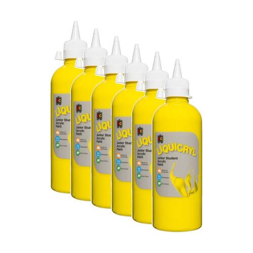 6PK Educational Colours Liquicryl Junior Student Acrylic Paint Yellow 500ml