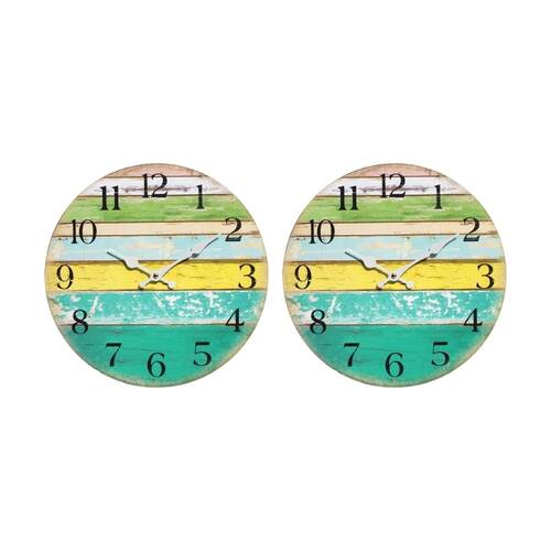 2PK LVD Weathered Wood Coastal Coloured Board Home Decor Wall Clock 34x34x3cm