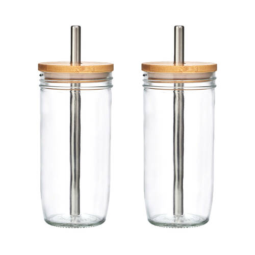 2PK La Cafeti?re Glass Bubble Tea Tumbler W/ Stainless Steel Straw & Brush 650mL