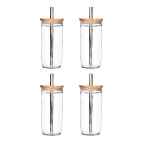 4PK La Cafeti?re Glass Bubble Tea Tumbler W/ Stainless Steel Straw & Brush 650mL