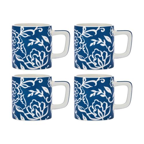 4PK La Cafetiere Blu Fiorato Floral Pattern Ceramic Espresso Cup Mug Blue 120ml