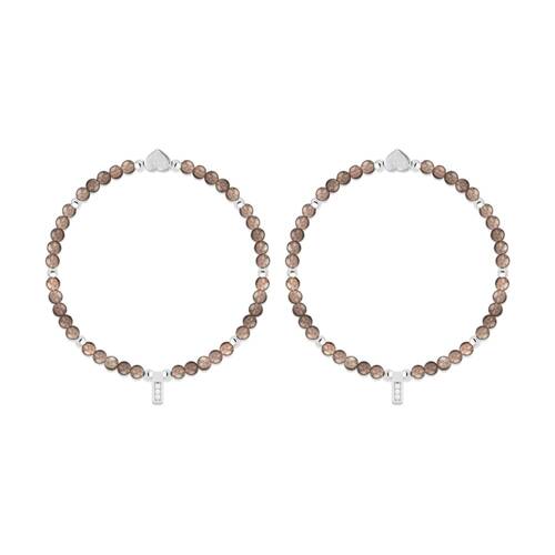 2PK Life Charms Healing Stones Bracelet Smokey Quartz Brown Silver 17.5cm