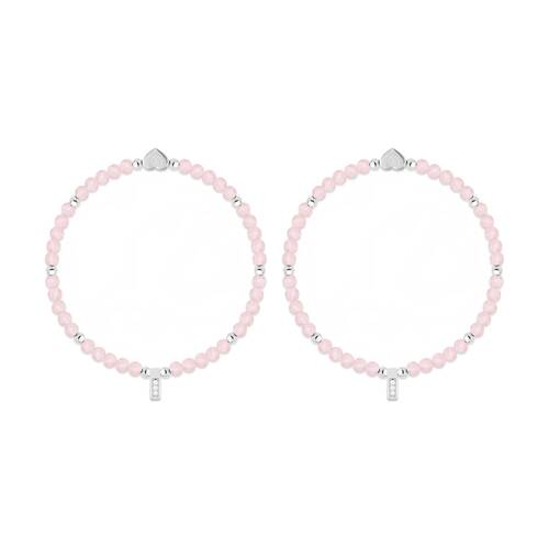 2PK Life Charms Healing Stones Bracelet Rose Quartz Pink Silver 17.5cm