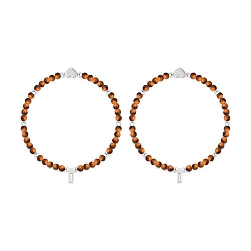 2PK Life Charms Healing Stones Tigers Eye Bracelet Brown Silver 17.5cm