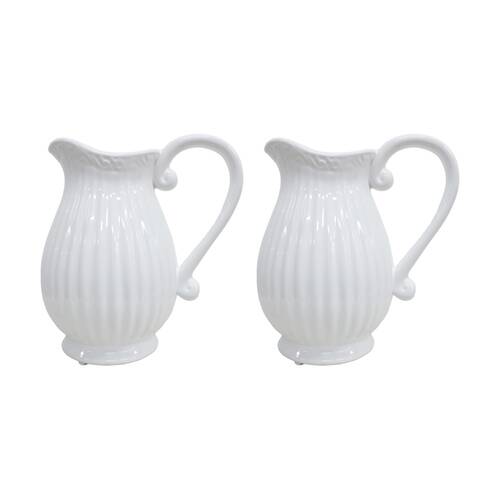 2PK LVD Provincial Ceramic Ribbed Jug/Vase Home/Garden Decor 20x20x15cm White
