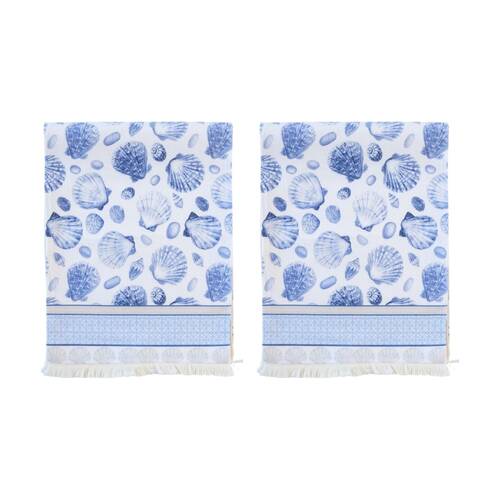 2PK LVD Shells Rectangular Table Runner Dining Decor W/ Fringing Blue 180x33cm