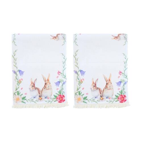2PK LVD Floral Rabbits Rectangular Polyester Table Runner W/ Fringing 180x33cm