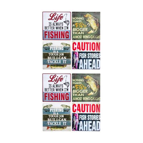 2x 4pc LVD Glossy Ceramic Square Retro Fishing Coaster Set Tableware 10x10cm