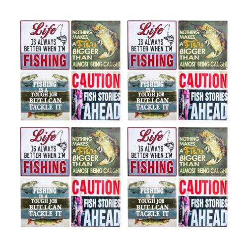 4x 4pc LVD Glossy Ceramic Square Retro Fishing Coaster Set Tableware 10x10cm