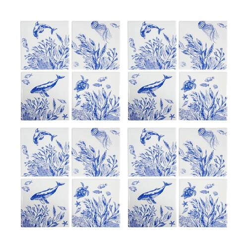 4x 4pc LVD Blue Underwater Glossy Square Ceramic Coaster Set Tableware 10x10cm