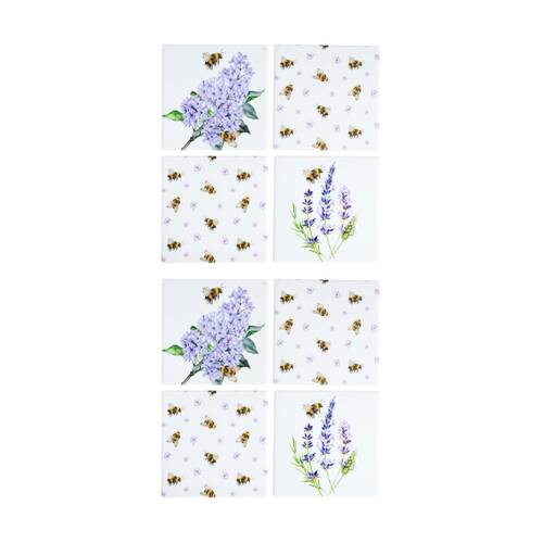 2x 4pc LVD Decorative Bees & Lavender Ceramic Square Drink Coasters 10x10cm
