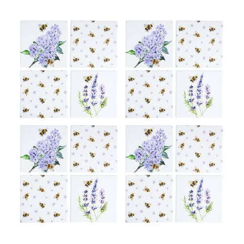 4x 4pc LVD Decorative Bees & Lavender Ceramic Square Drink Coasters 10x10cm