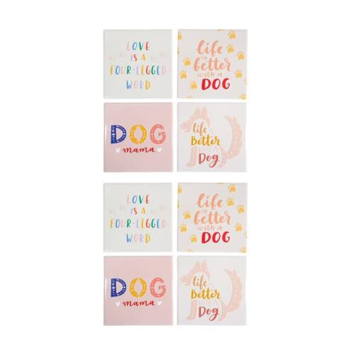 2x 4pc LVD Decorative Dog Sayings Ceramic Square Drink Coasters Decor 10x10cm
