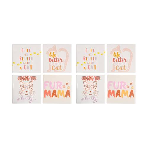 2x 4pc LVD Decorative Cat Sayings Ceramic Square Drink Coasters Decor 10x10cm