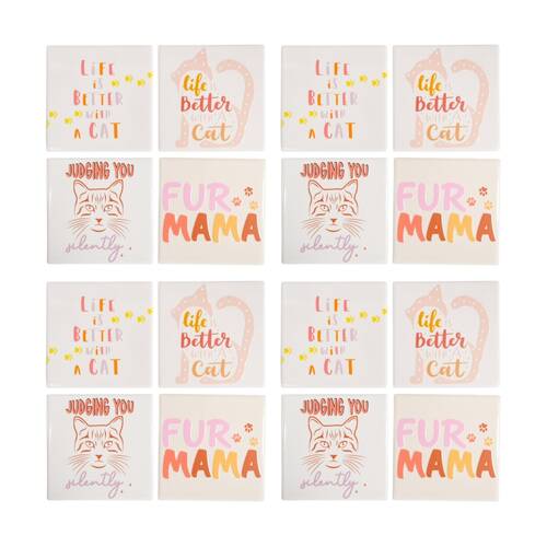 4x 4pc LVD Decorative Cat Sayings Ceramic Square Drink Coasters Decor 10x10cm