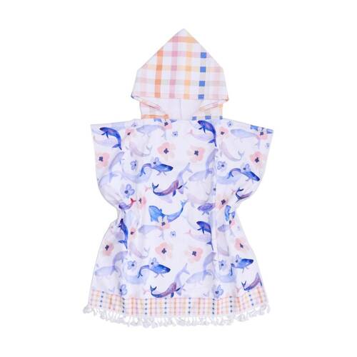 LVD Kids Blue/Pink Whale Microfibre Poncho Towel W/ Pockets 70x70cm