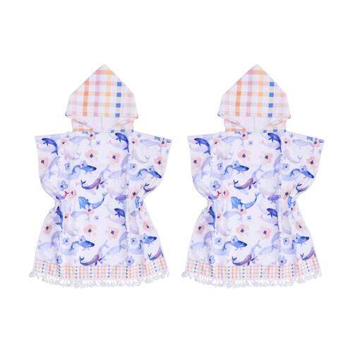 2PK LVD Kids Blue/Pink Whale Microfibre Poncho Towel W/ Pockets 70x70cm