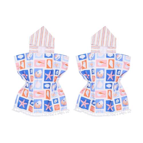 2PK LVD Kids Blue/Orange Sea Shells Microfibre Poncho Towel W/ Pockets 70x70cm