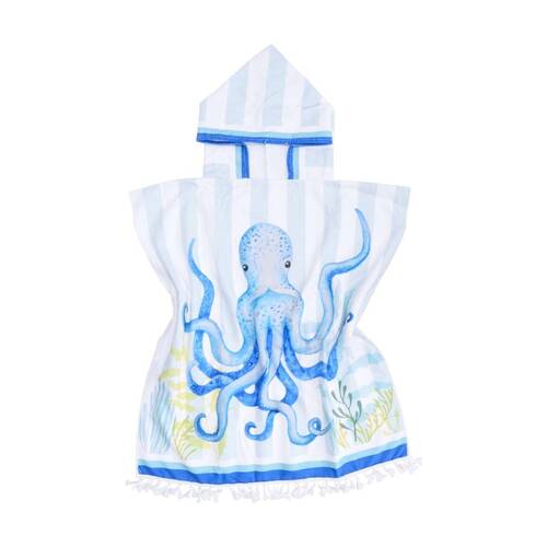 LVD Kids Blue Octopus Microfibre Poncho Towel W/ Pockets 70x70cm