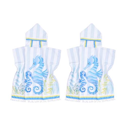 2PK LVD Kids Blue Seahorse Microfibre Poncho Towel W/ Pockets 70x70cm